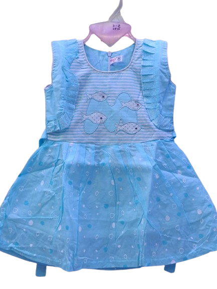 Baby Girl Light Blue Summer Frock – Fish Embroidery Design